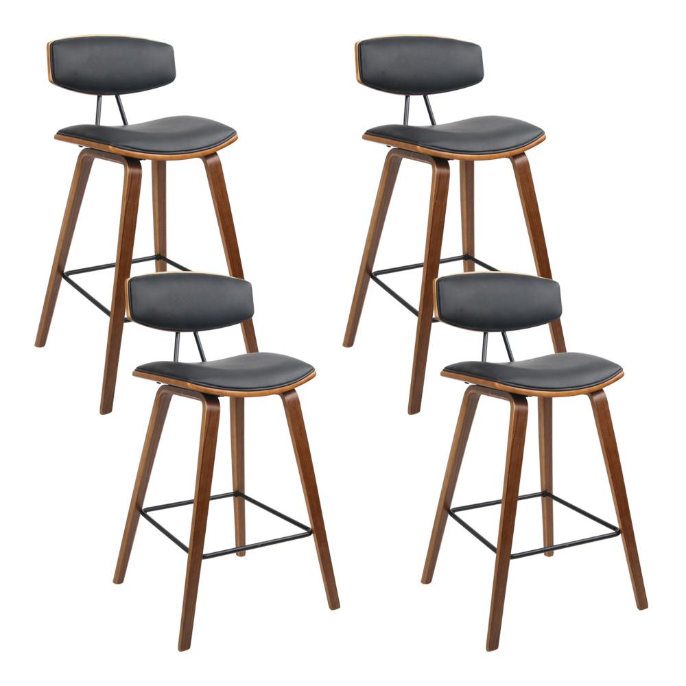 Artiss Set of 4 PU Leather Circular Footrest Bar Stools in Black with dark wood frame and chrome footrest, showcasing elegant design and comfort.